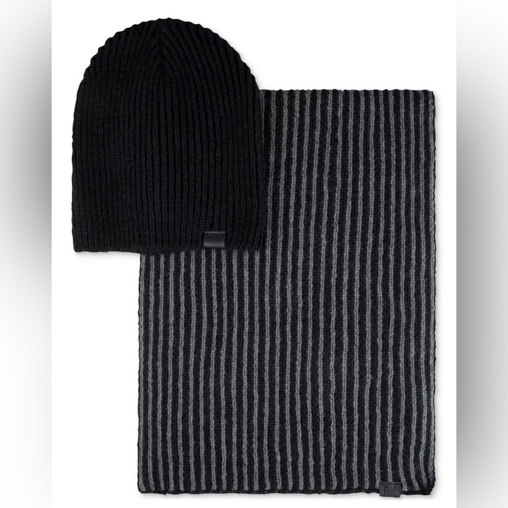 Kenneth Cole Reaction Men's Beanie and Scarf 2 pc Set Black / Gray NWT